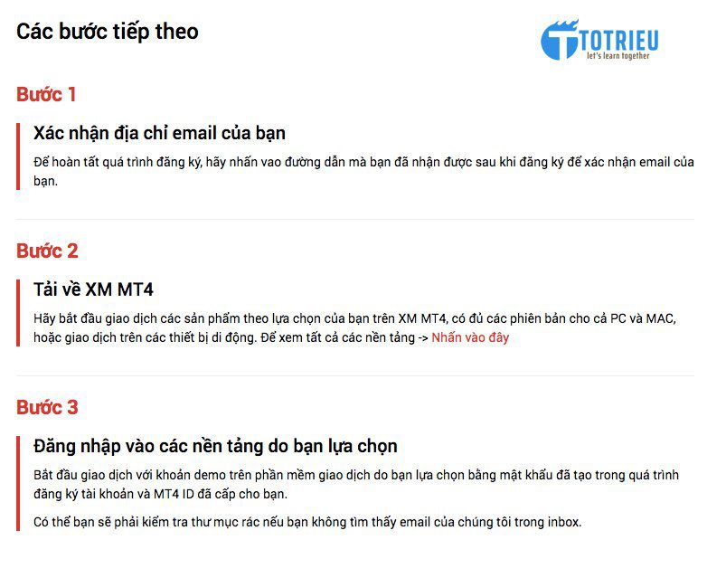 Thông báo truy cập Email để xác nhận tài khoản XM